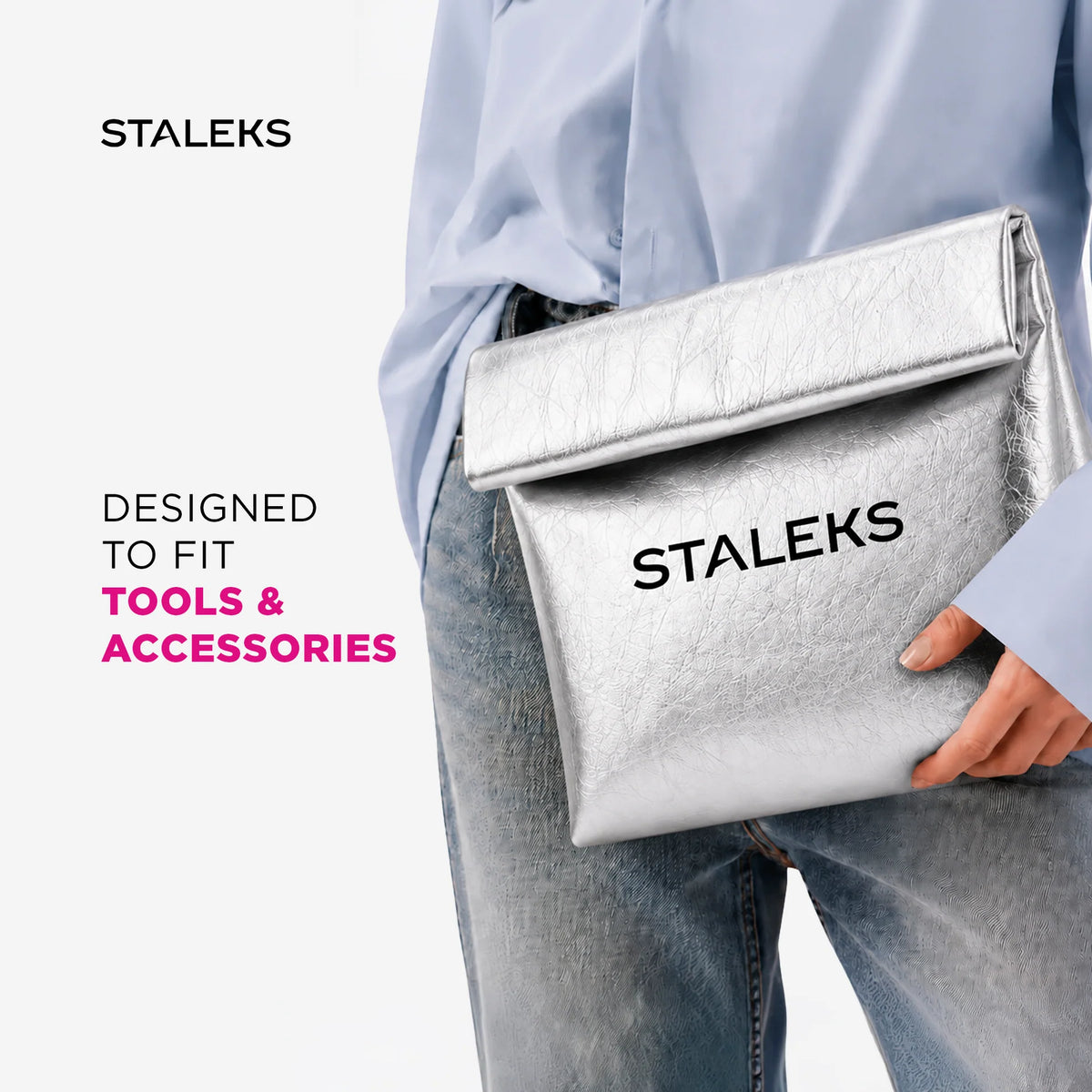 STALEKS Bolsa cosmética plateada de ecopiel, tamaño L