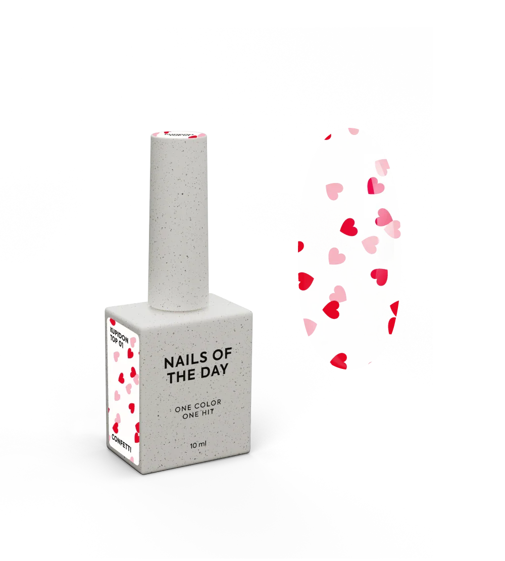 NAILSOFTHEDAY Kupidon top 01: top delicado para uñas con corazones de color rojo intenso y rosa, sin capa pegajosa, 10 ml