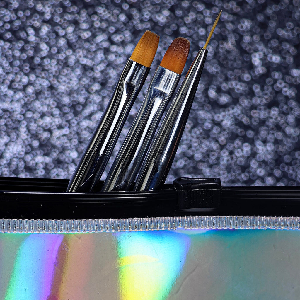 Juego de pinceles Nail Art Brush Nailsofthenight: liner de 10 mm, cuadrado y ovalado con un cómodo mango transparente con efecto iridiscente