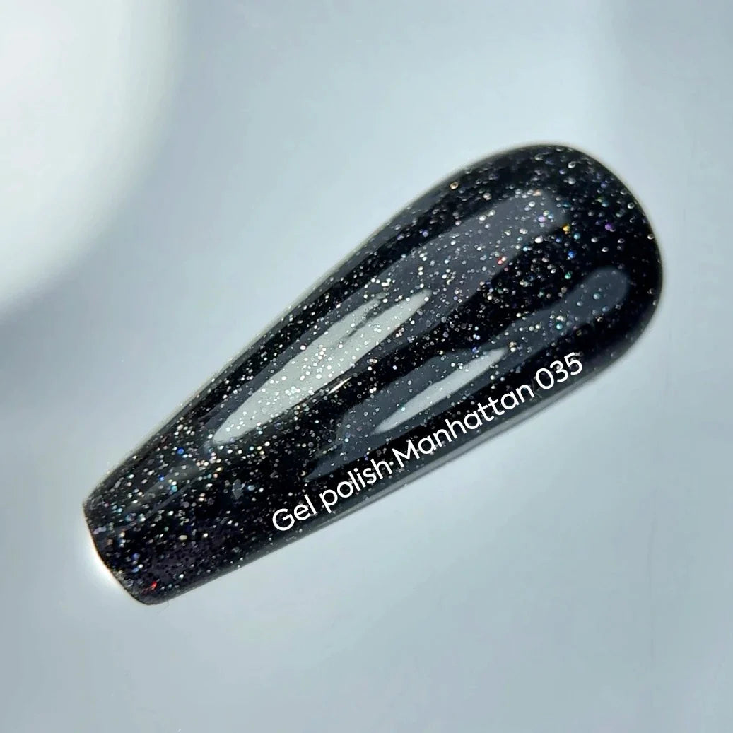 NAILSOFTHENIGHT Manhattan gel polish -  esmalte semipermanente reflectante negro con brillo holográfico para uñas, 10 ml