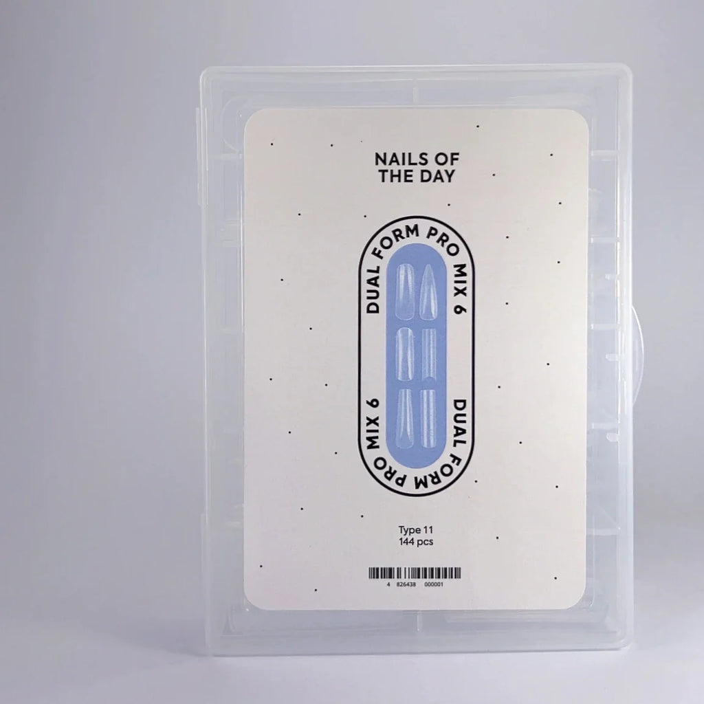 NAILSOFTHEDAY Dual Form Pro Mix 6 (Tipo 11) — set de formas superiores con 6 tipos diferentes, 12 tamaños por tipo, 144 unidades en total.