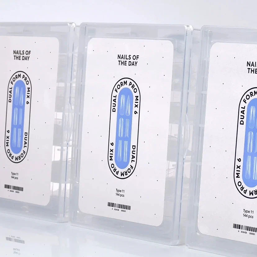 NAILSOFTHEDAY Dual Form Pro Mix 6 (Tipo 11) — set de formas superiores con 6 tipos diferentes, 12 tamaños por tipo, 144 unidades en total.