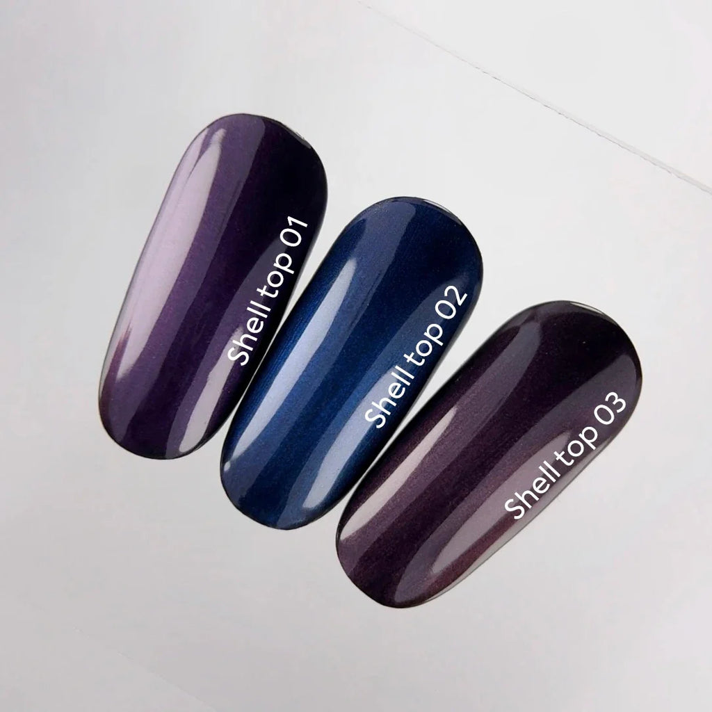 NAILSOFTHEDAY Shell Top 02 Nueva Fórmula — top perlado con efecto de frotado azul, sin capa pegajosa, 10 ml