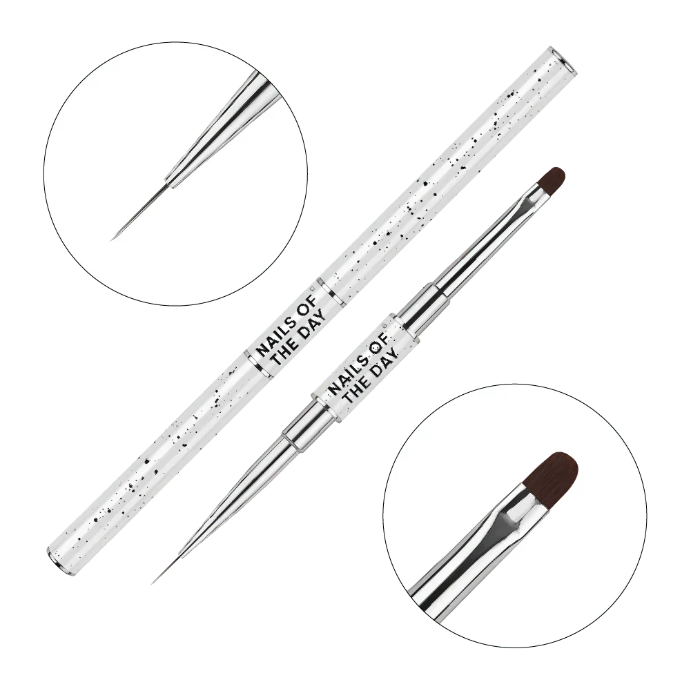 NAILSOFTHEDAY Professional Brush 2-in-1: Liner + Oval — pincel profesional metálico de doble cara con tapas, diseñado para trazos finos y para la aplicación de gel. Liner de 11 mm + óvalo plano de 11 mm.