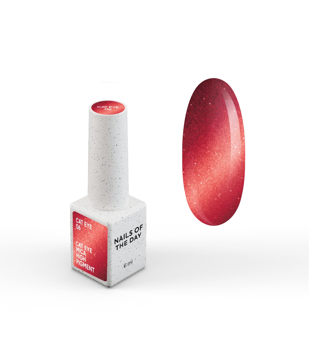 NAILSOFTHEDAY Gel Polish Cat Eye 06 — esmalte semipermanente rojo efecto ojo de gato con partículas metálicas finas y un ligero efecto reflectante. Cobertura total en una sola capa. 6 ml.
