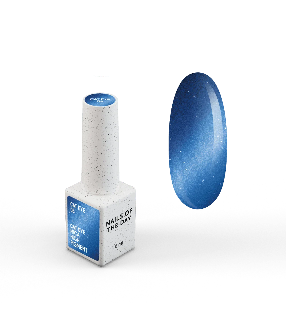 NAILSOFTHEDAY Gel Polish Cat Eye 08 — esmalte semipermanente azul efecto ojo de gato con partículas metálicas finas y un ligero efecto reflectante. Cobertura total en una sola capa. 6 ml.