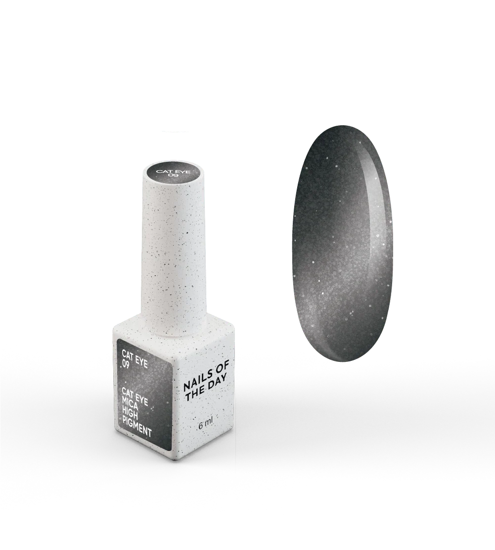 NAILSOFTHEDAY Gel Polish Cat Eye 09 — esmalte semipermanente negro efecto ojo de gato con partículas metálicas finas y un ligero efecto reflectante. Cobertura total en una sola capa. 6 ml.