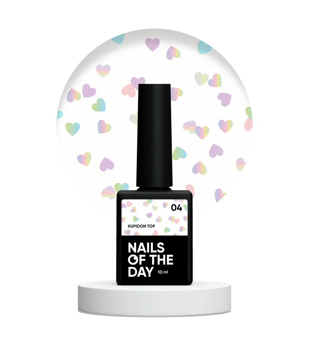 NAILSOFTHEDAY Kupidon Top 04 — top coat con corazones holográficos, sin capa pegajosa, 10 ml.