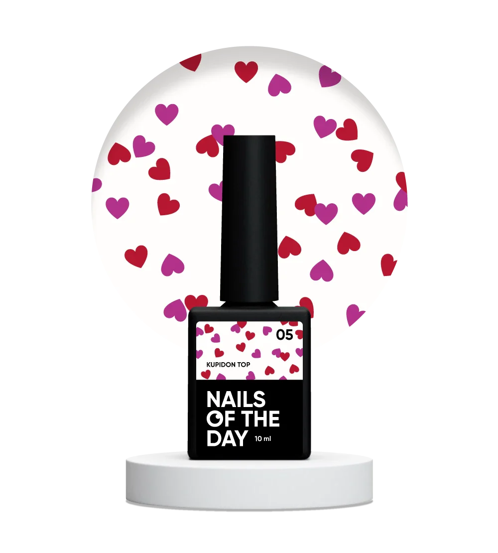 NAILSOFTHEDAY Kupidon Top 05 — top coat con corazones rojo intenso y frambuesa, sin capa pegajosa, 10 ml.