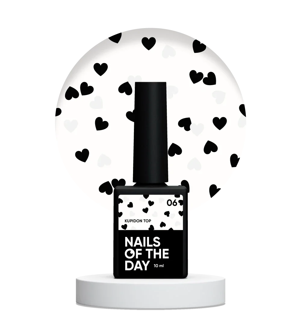 NAILSOFTHEDAY Kupidon Top 06 — top coat con corazones negros y blancos, sin capa pegajosa, 10 ml.