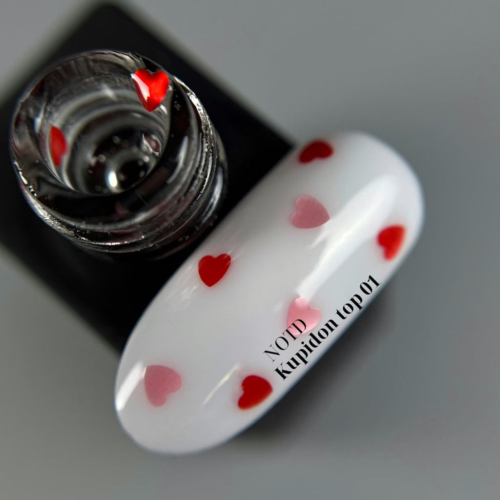 NAILSOFTHEDAY Kupidon top 01: top delicado para uñas con corazones de color rojo intenso y rosa, sin capa pegajosa, 10 ml