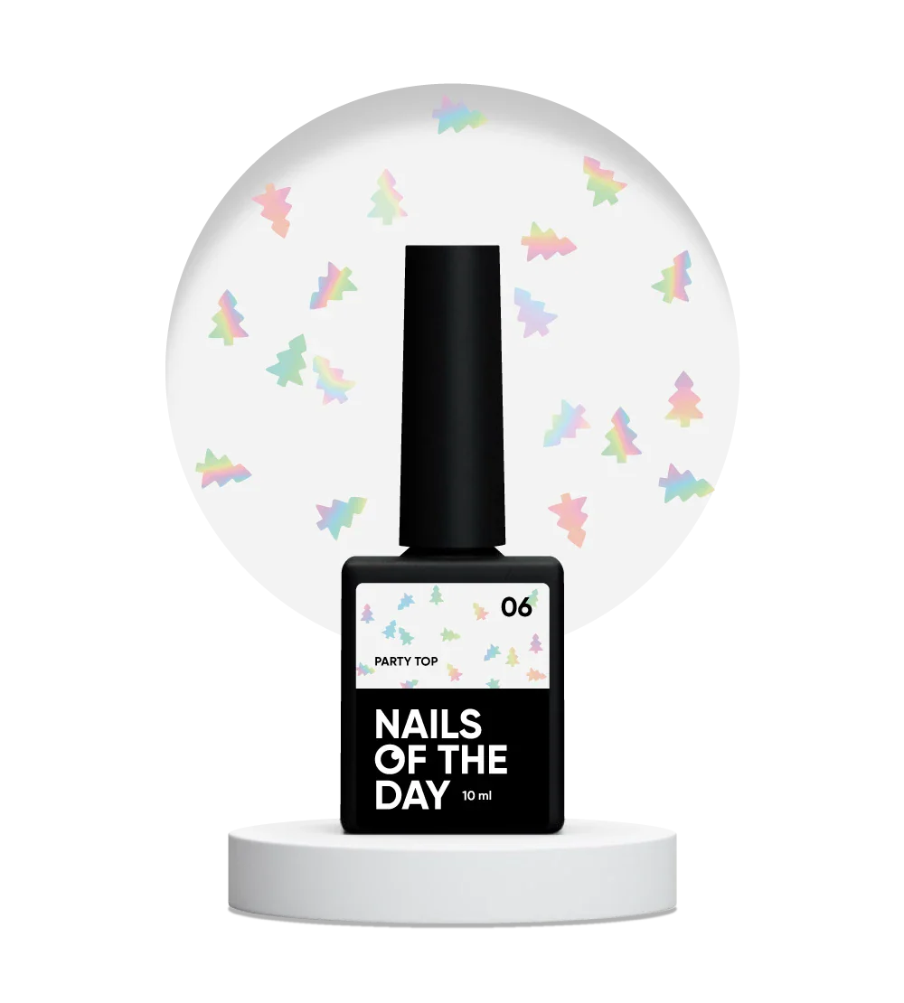 NAILSOFTHEDAY Party Top 06 — capa final con purpurina holográfica en forma de árbol, sin capa pegajosa, 10 ml.