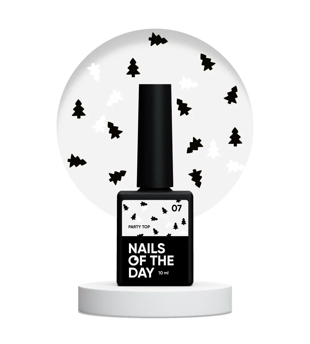 NAILSOFTHEDAY Party Top 07 — capa final brillante con purpurina holográfica en forma de árbol, en tonos blanco y negro, sin capa pegajosa, 10 ml.