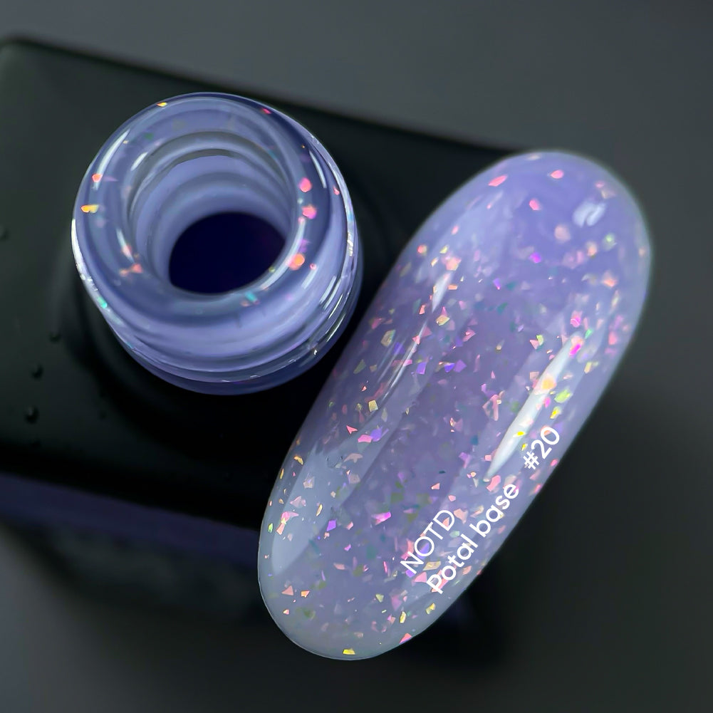 NAILSOFTHEDAY Potal base 20 – base violeta suave con elegante decoracion holográfica, 10 ml