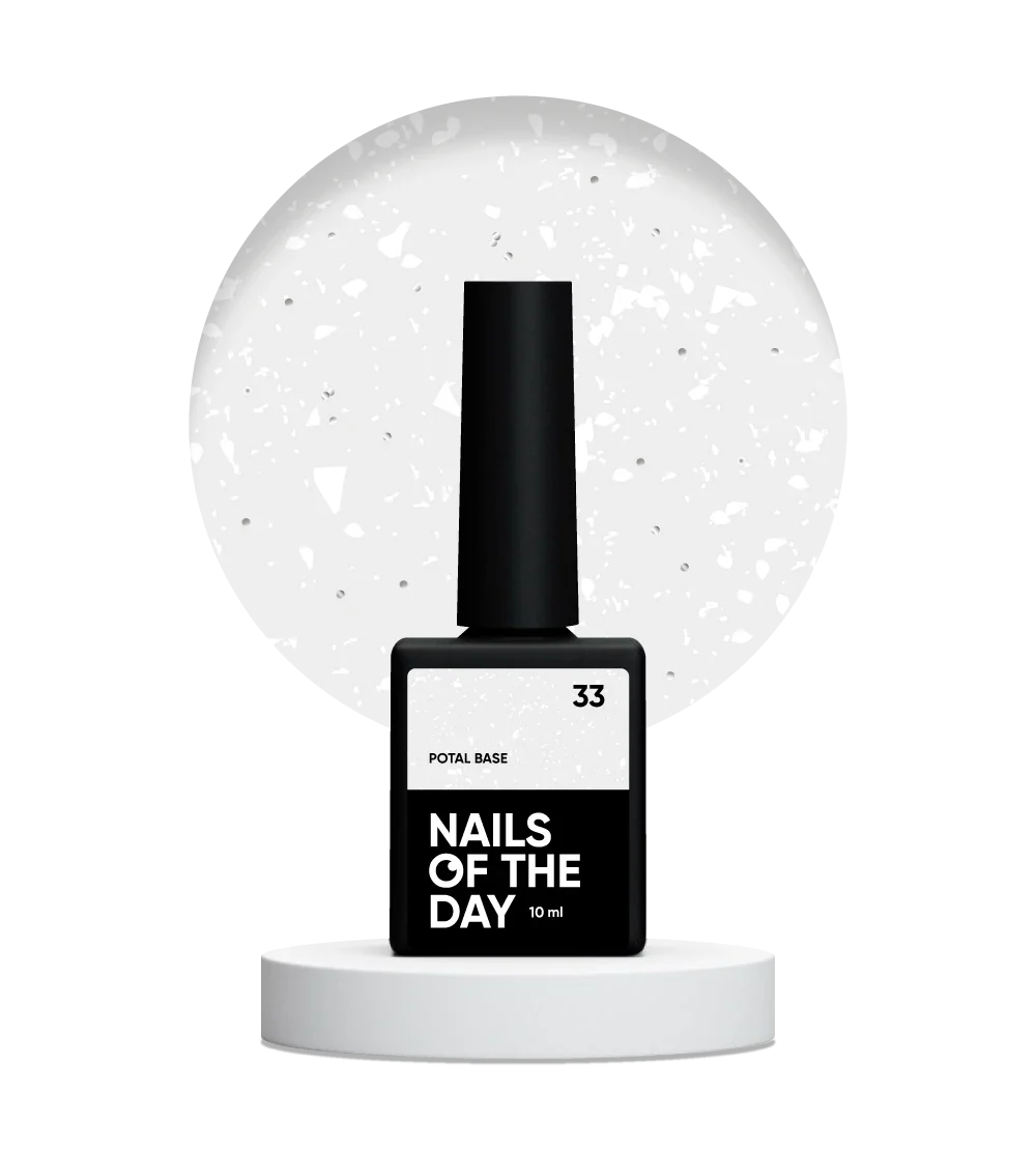 NAILSOFTHEDAY Potal base 33 — base semitransparente con destellos blancos y reflejos plateados finos, 10 ml.