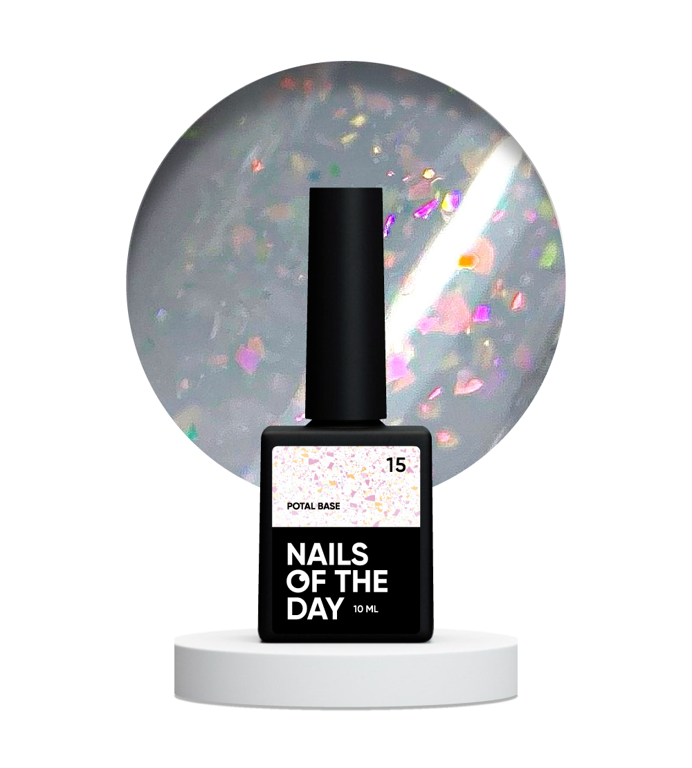 NAILSOFTHEDAY Potal base 15 – base lechosa suave con decoracion holográfica y elegante, 10 ml