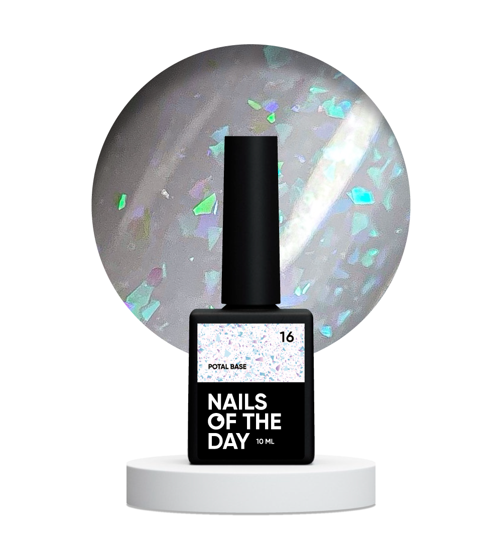 NAILSOFTHEDAY Potal base 16 – base lechosa suave con decoracion holográfica y elegante, 10 ml