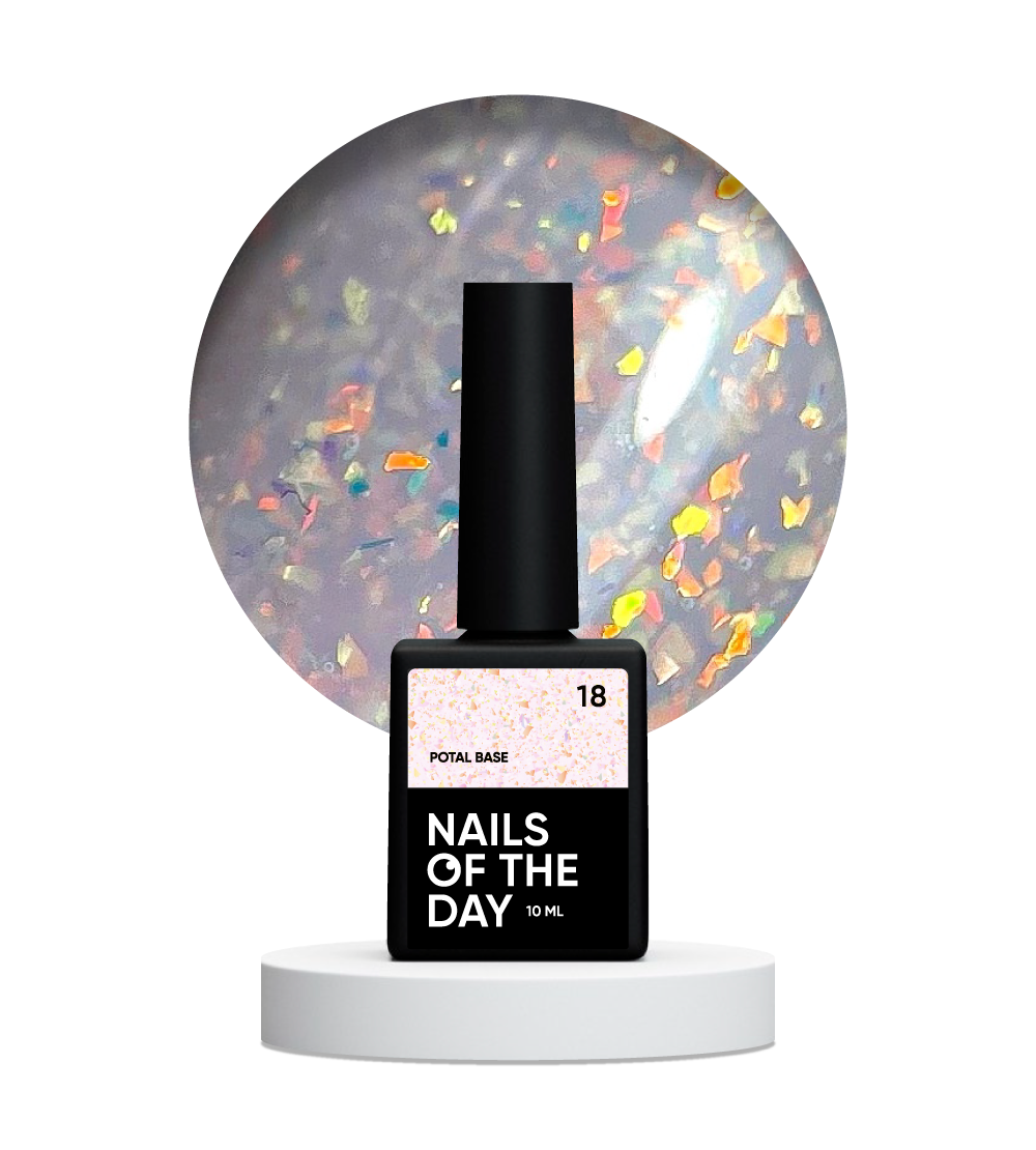 NAILSOFTHEDAY Potal base 18 – base lechosa suave con decoracion holográfica y elegante, 10 ml