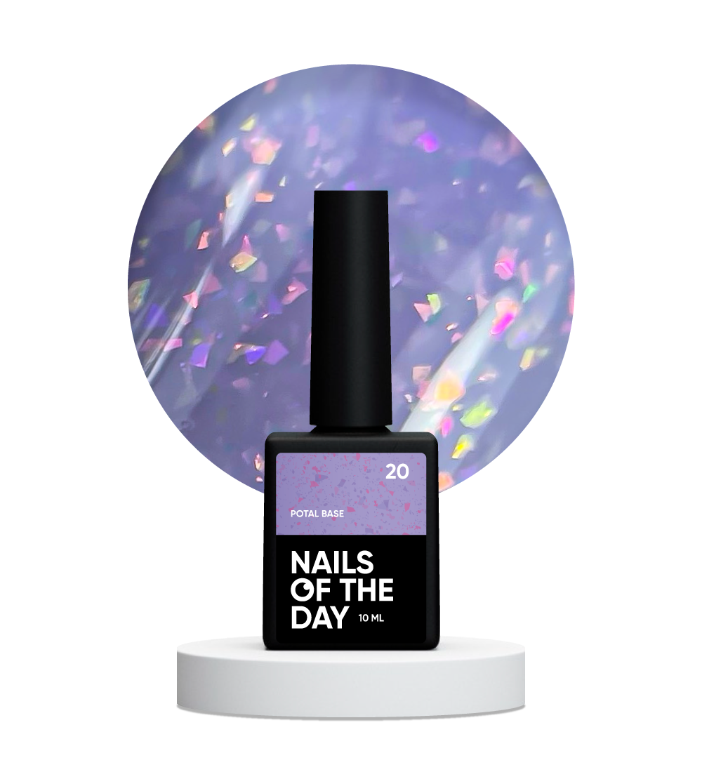 NAILSOFTHEDAY Potal base 20 – base violeta suave con elegante decoracion holográfica, 10 ml