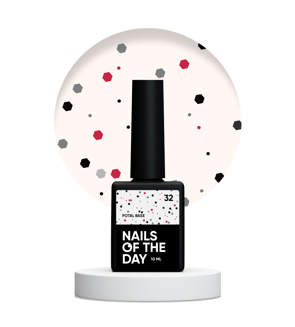 NAILSOFTHEDAY Potal base 32 — base lechosa con brillos negros y rojos, 10 ml