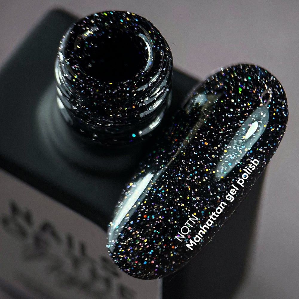 NAILSOFTHENIGHT Manhattan gel polish -  esmalte semipermanente reflectante negro con brillo holográfico para uñas, 10 ml