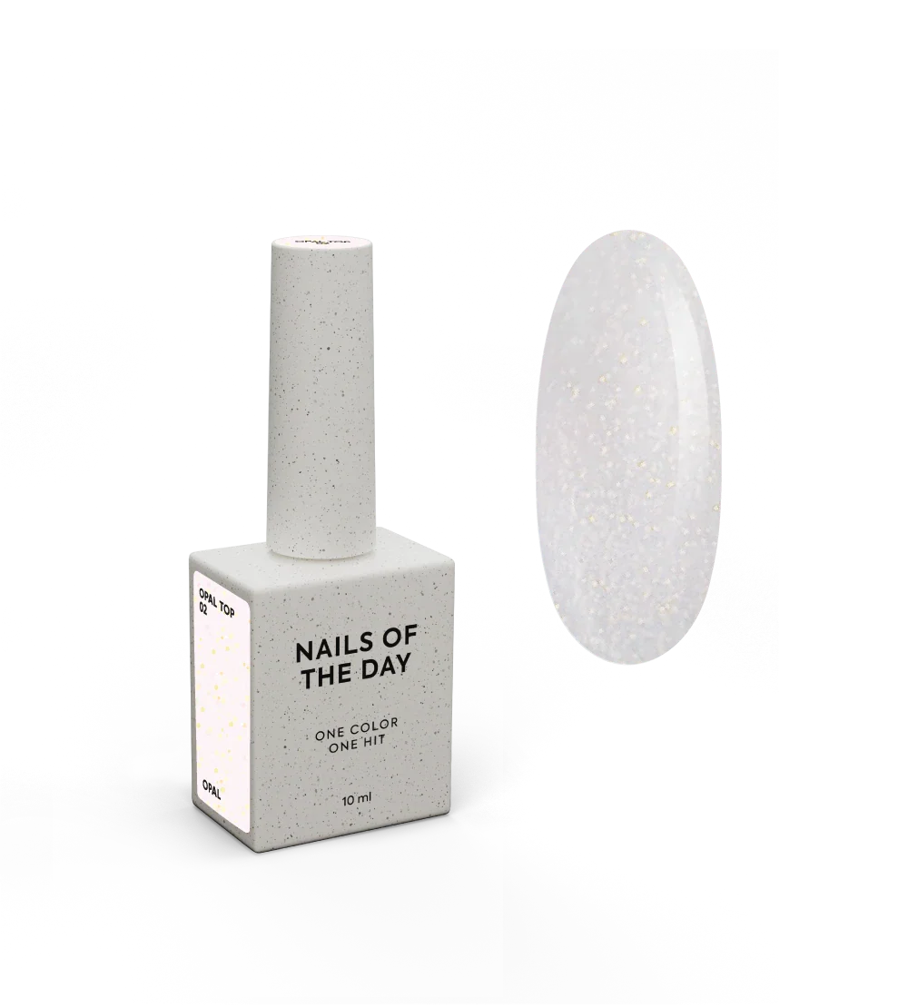 NAILSOFTHENIGHT Opal top 02 — top con brillos opalinos sobre una base lechosa ligera, sin capa pegajosa y sin filtros UV para uñas, 10 ml