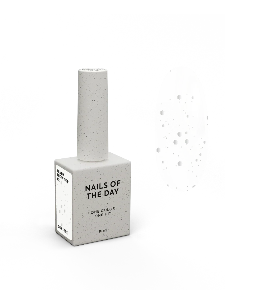 NAILSOFTHENIGHT Silver Snow top 02 — top con hexágonos plateados de diferentes tamaños, sin capa pegajosa, 10 ml